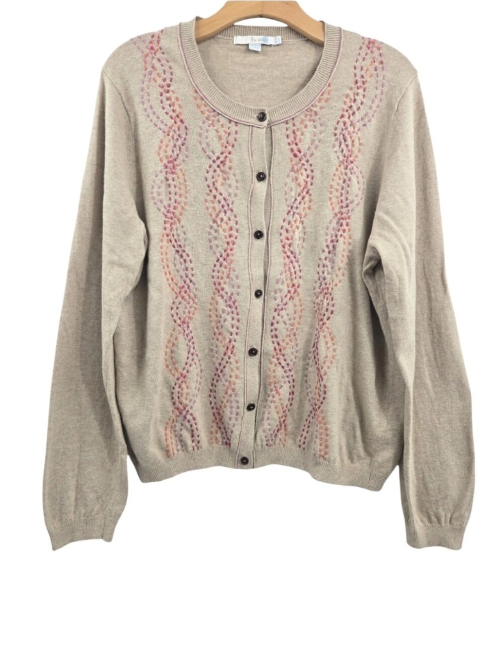 Boden Beige Cardigan Sweater with Pink Embroidered Accent Cotton
